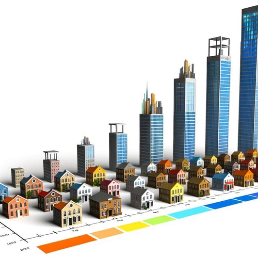 An image of a chart that shows different buildings on it representing company sizes